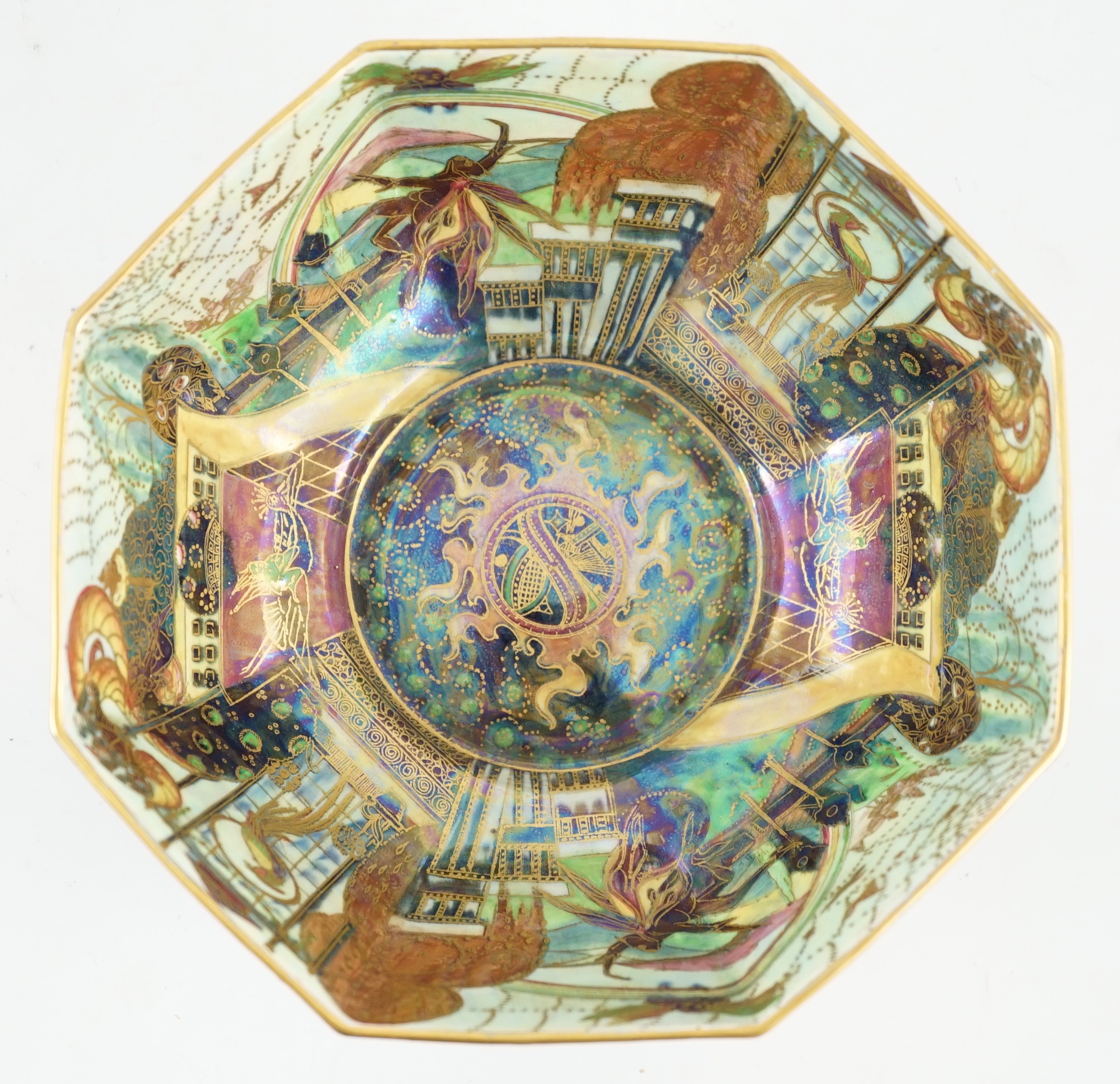 A Wedgwood Fairyland lustre octagonal bowl, designed by Daisy Makeig-Jones, pattern Z4968, 18cm wide